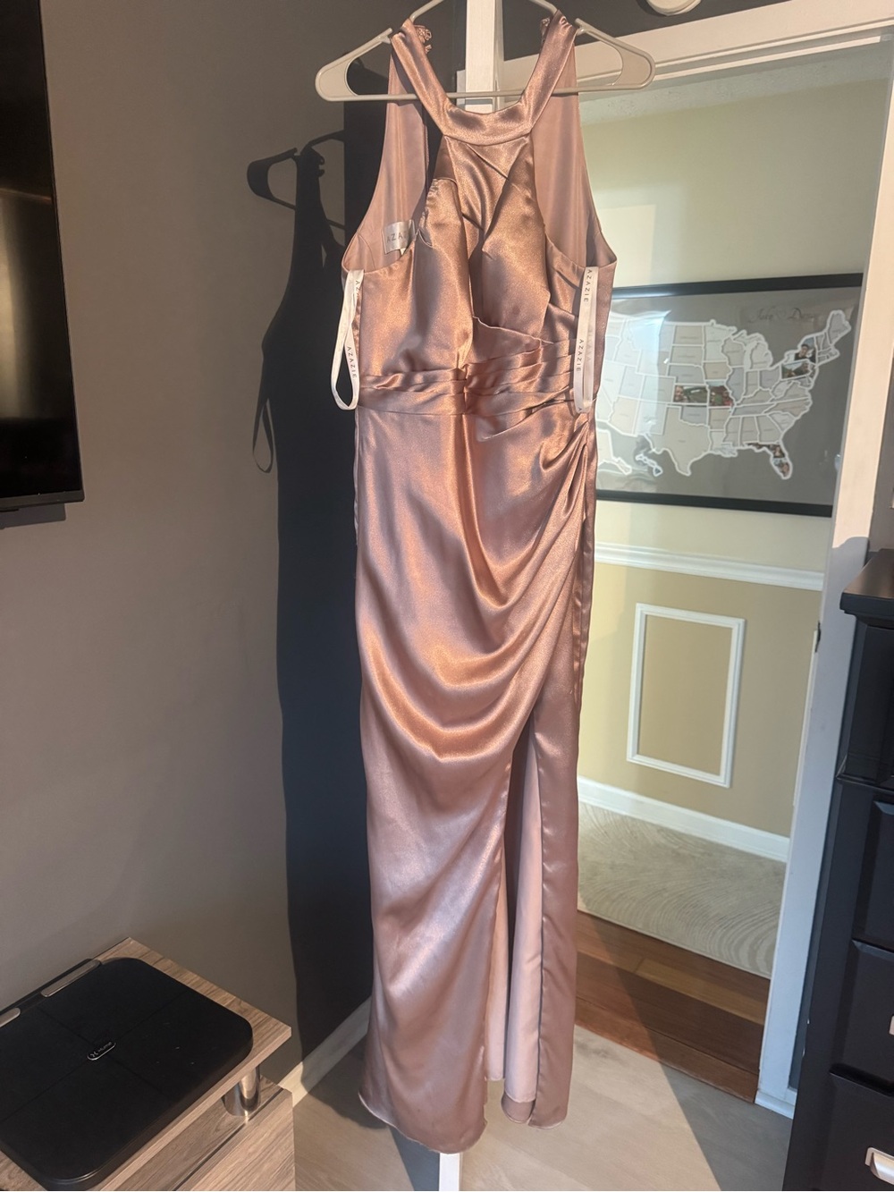 Taupe Metallic Satin Halter Evening Dress